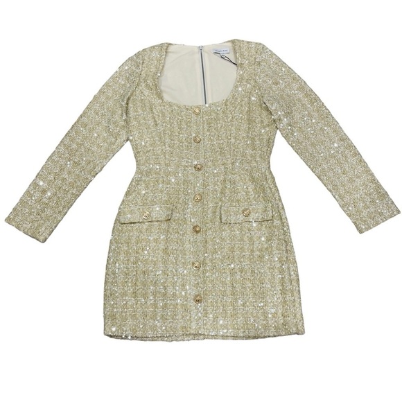 Gianni Bini Lissy Sequin Tweed Long Sleeve Button Front Mini Dress Champagne NEW - Picture 2 of 12